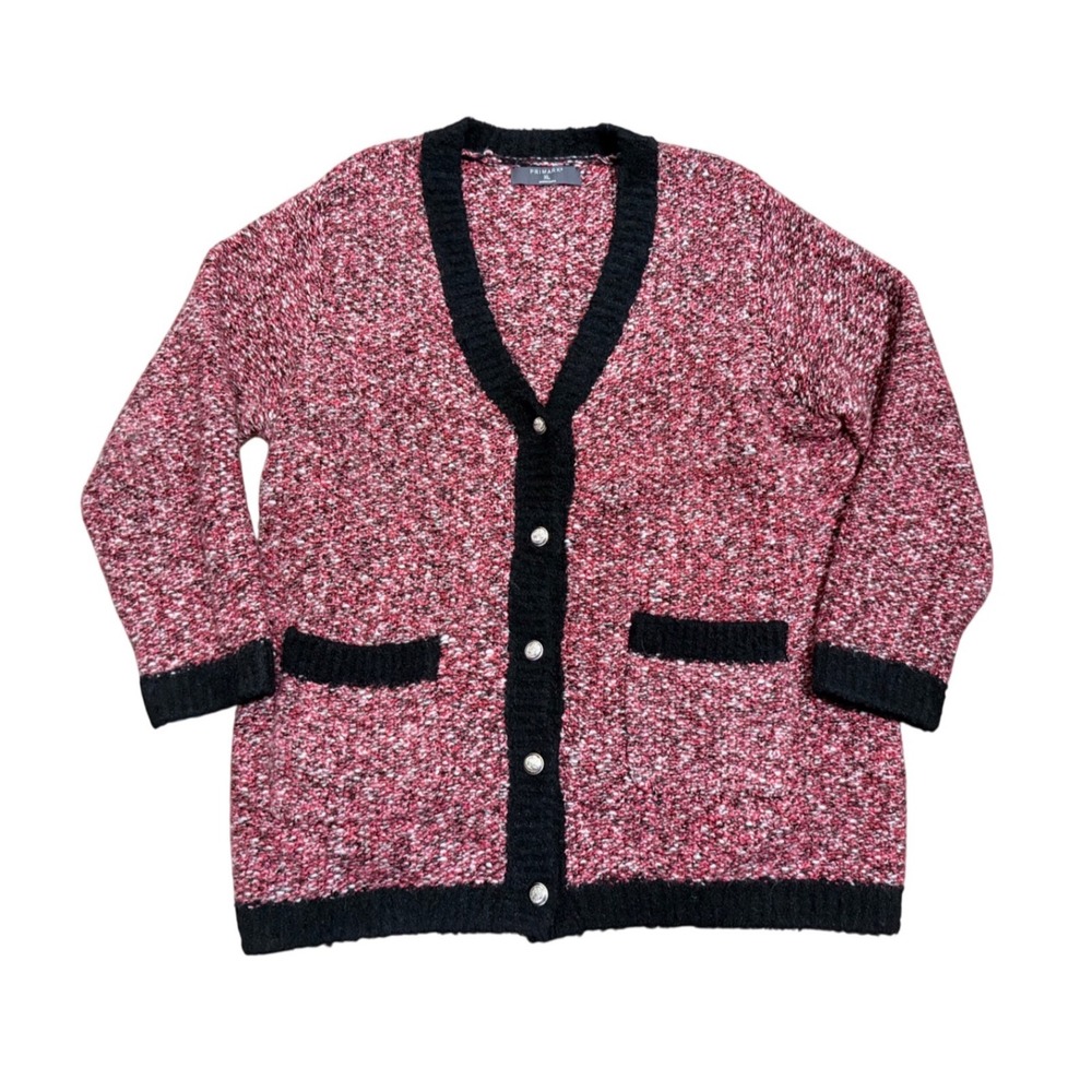 Primark Womens XL Red Black Marled Boucle Knit Cardigan Silver Crest Button Up